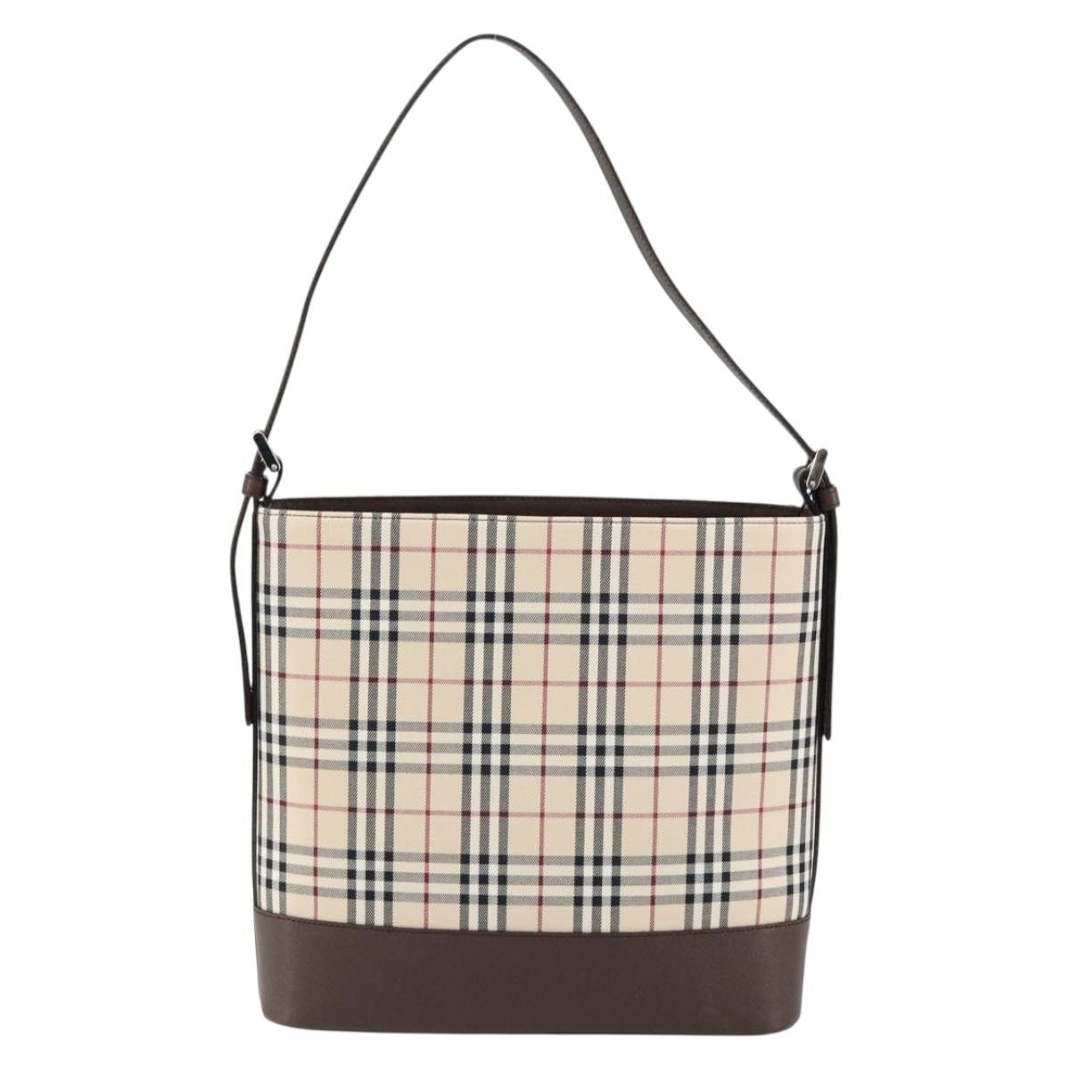 BURBERRY Nova Check Shoulder Bag Canvas Leather Beige Silver Auth am9486V