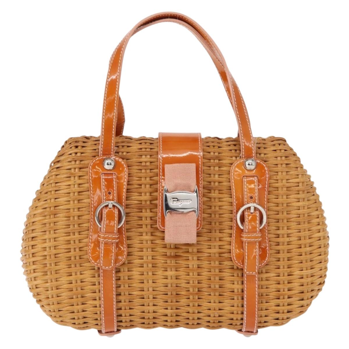 Salvatore Ferragamo Vala Hand Bag Rattan Leather Brown Silver Auth am9489