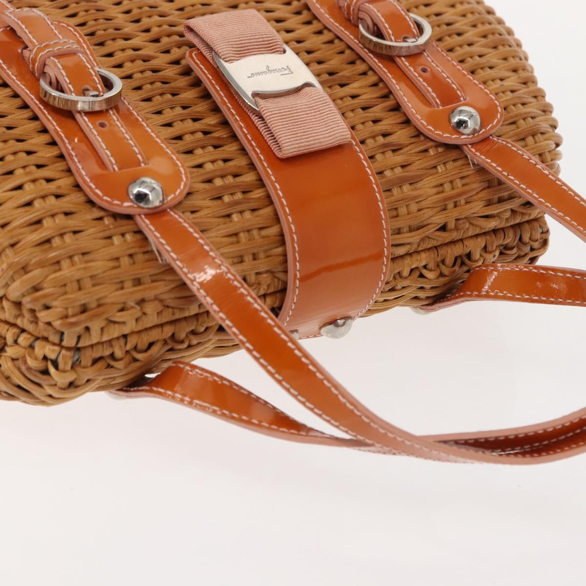 Salvatore Ferragamo Vala Hand Bag Rattan Leather Brown Silver Auth am9489