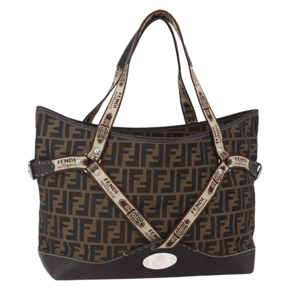 FENDI Zucca Canvas Celeria Tote Bag Black Brown Silver Auth am9502