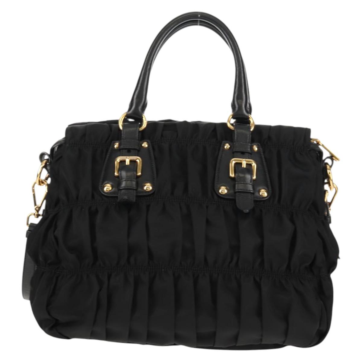 PRADA Gathered Hand Bag Nylon 2way Black Gold Auth am9517V