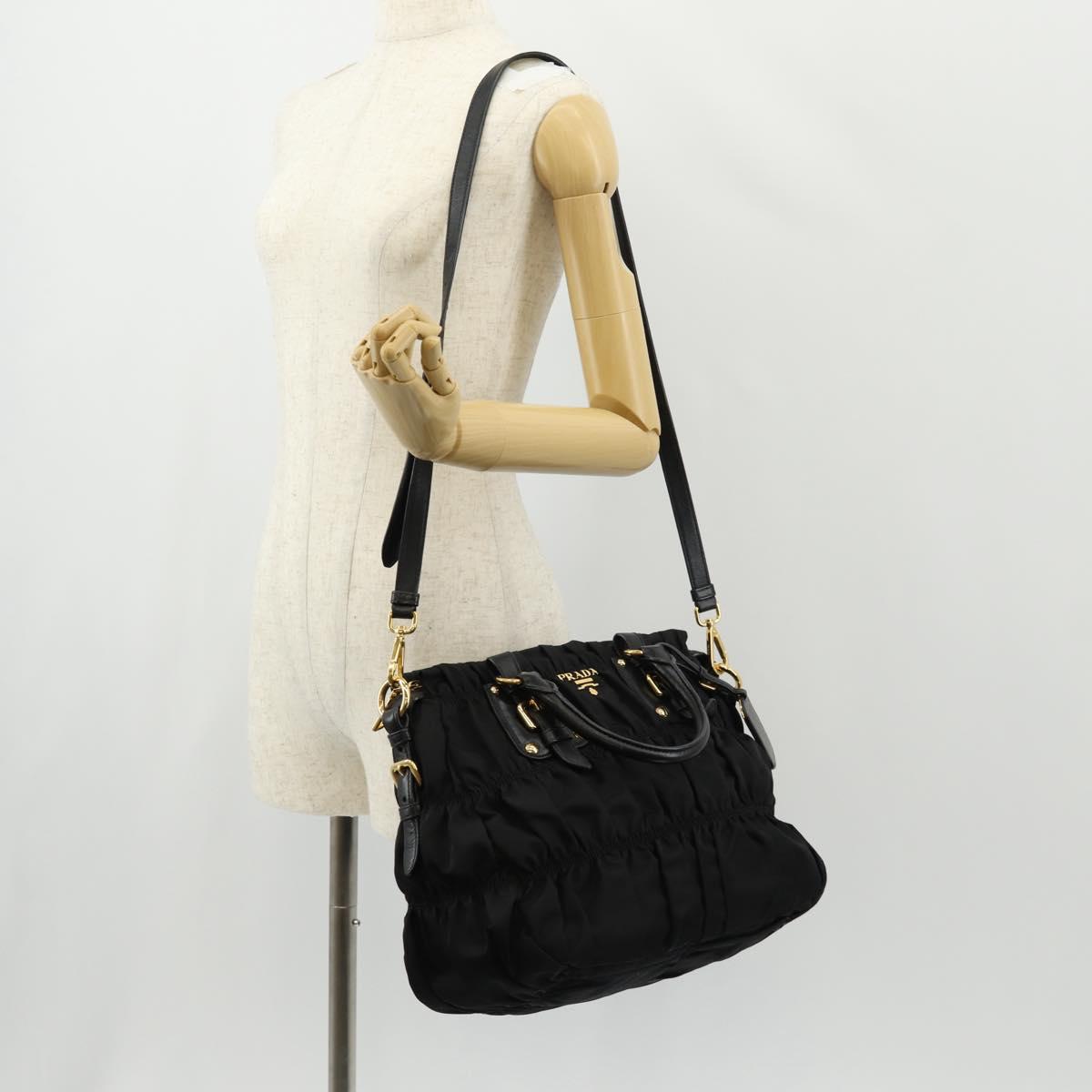 PRADA Gathered Hand Bag Nylon 2way Black Gold Auth am9517V