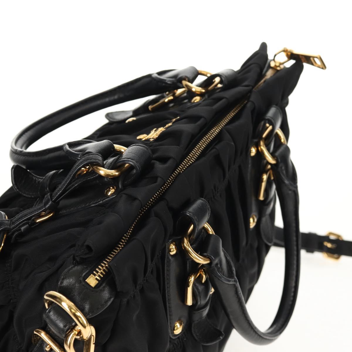 PRADA Gathered Hand Bag Nylon 2way Black Gold Auth am9517V