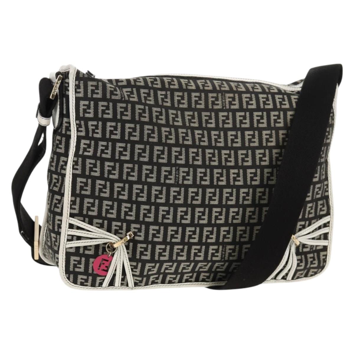 FENDI Zucchino Canvas Shoulder Bag Black Gold Auth am9520V