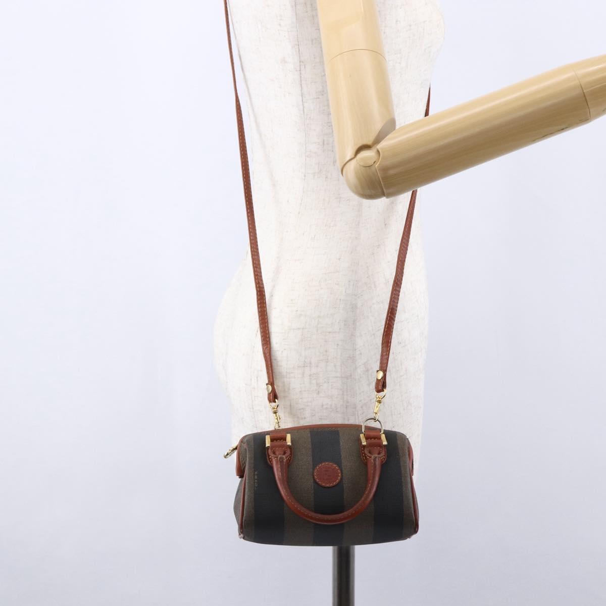 FENDI Pecan Canvas Mini Boston Bag PVC 2way Black Brown gold Auth am9531V