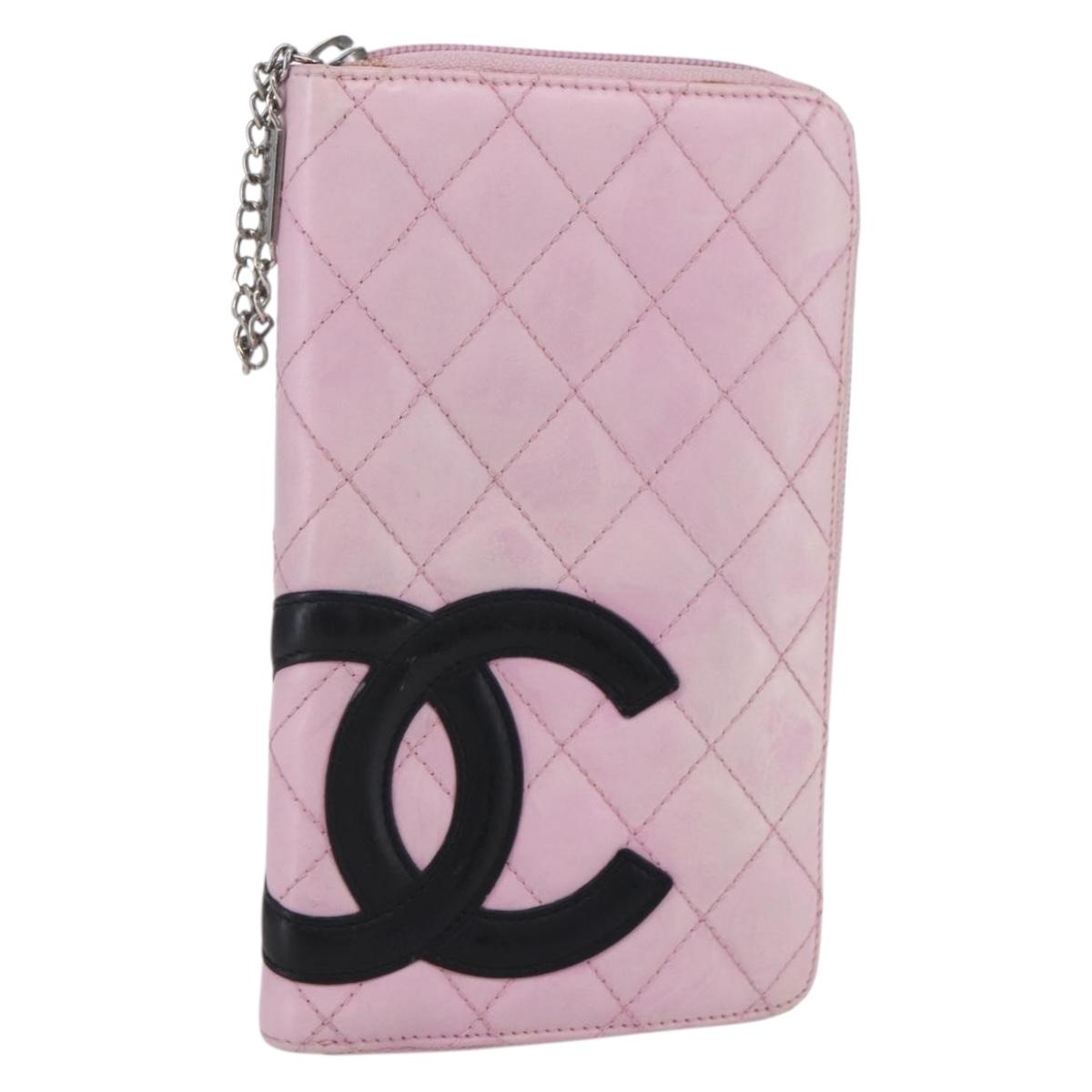 CHANEL Matelasse Cambon Line Long Wallet Leather Pink Silver CC Auth am9532