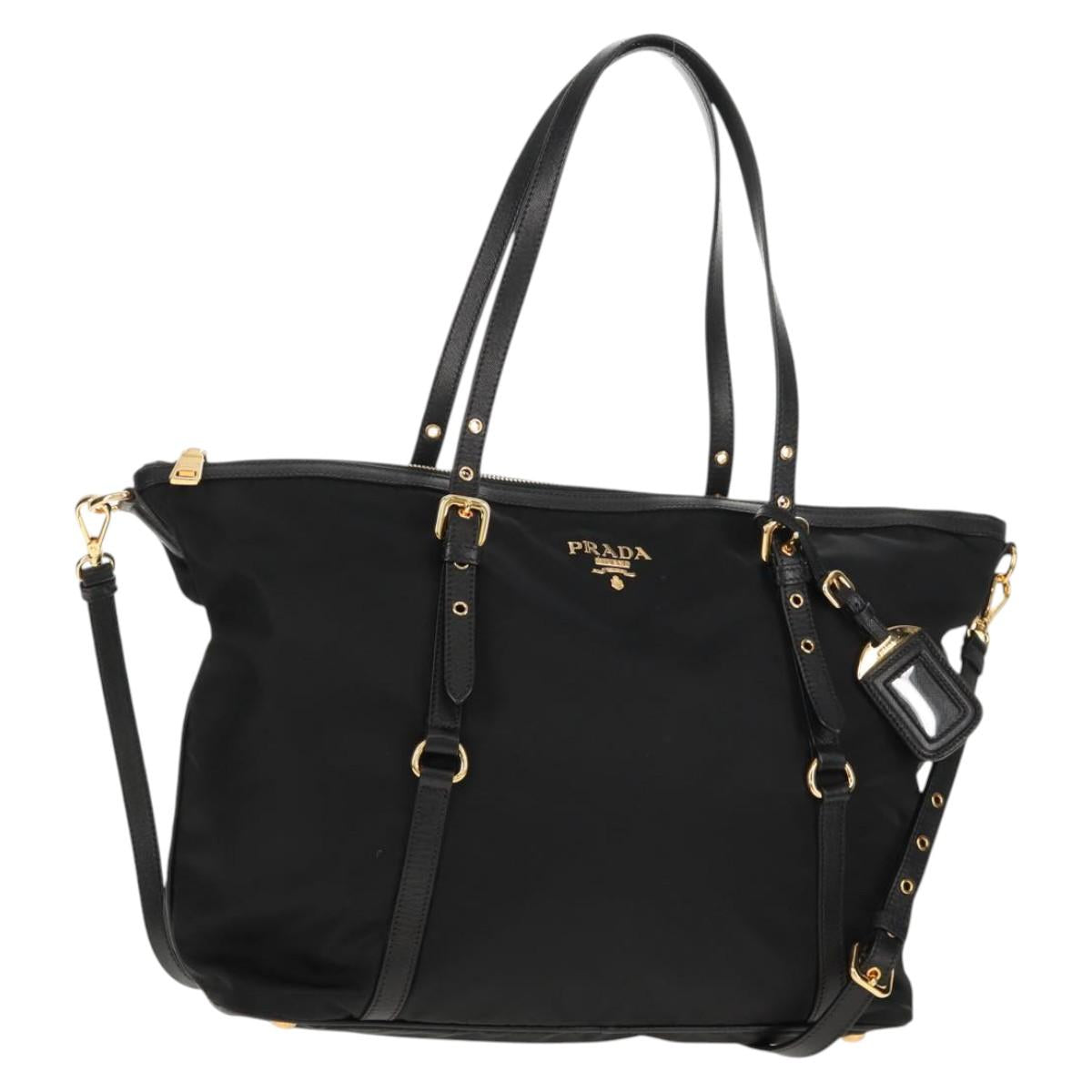 PRADA Tote Bag Nylon 2way Black Gold Auth am9548V