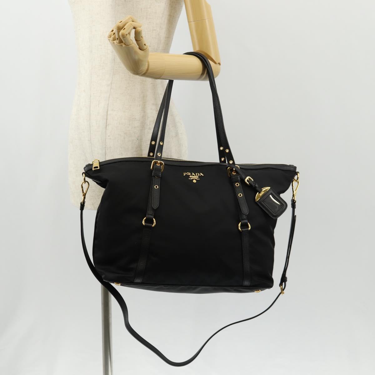 PRADA Tote Bag Nylon 2way Black Gold Auth am9548V