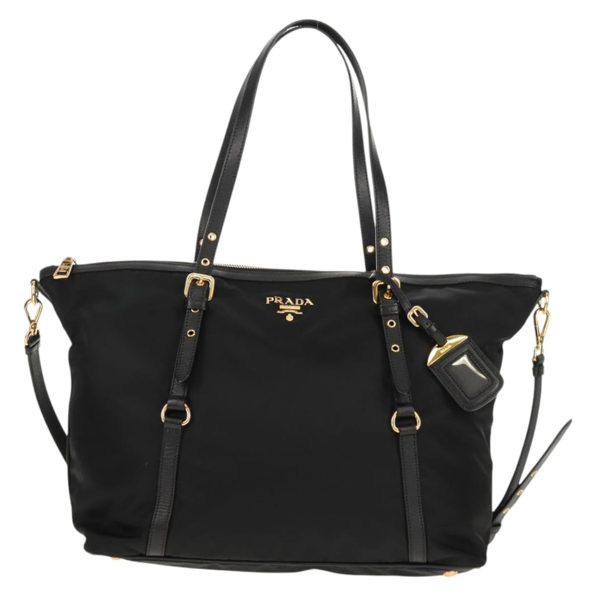PRADA Tote Bag Nylon 2way Black Gold Auth am9548V