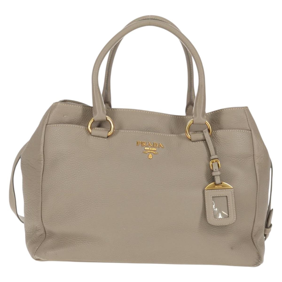 PRADA Tote Bag Leather 2way Beige Gold Auth am9550V