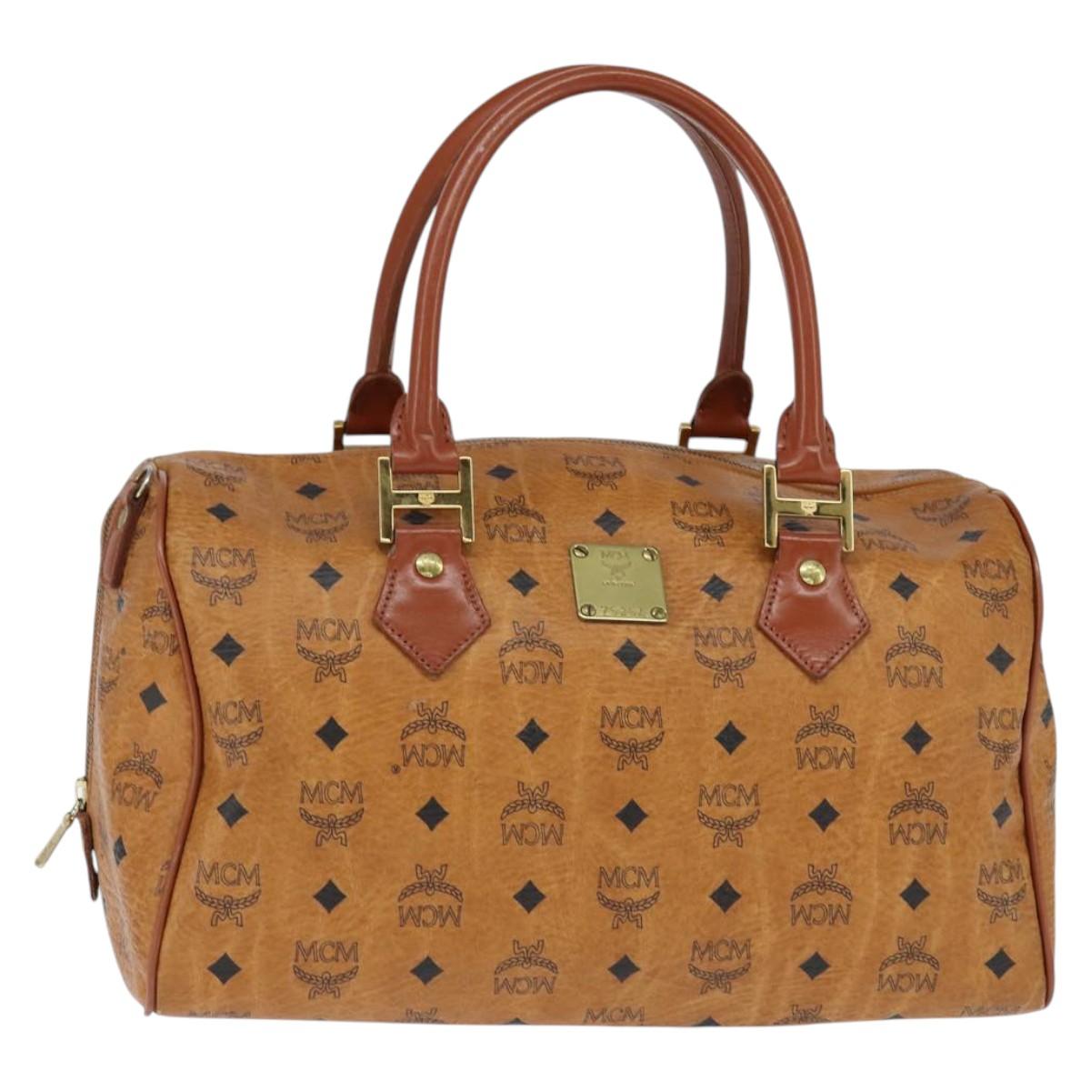 MCM Logogram Vicetos Boston Bag PVC Leather 2way Brown Gold Auth am9555