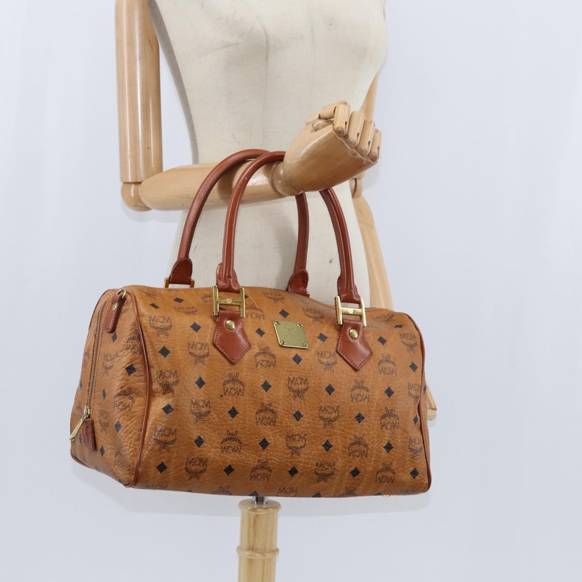 MCM Logogram Vicetos Boston Bag PVC Leather 2way Brown Gold Auth am9555