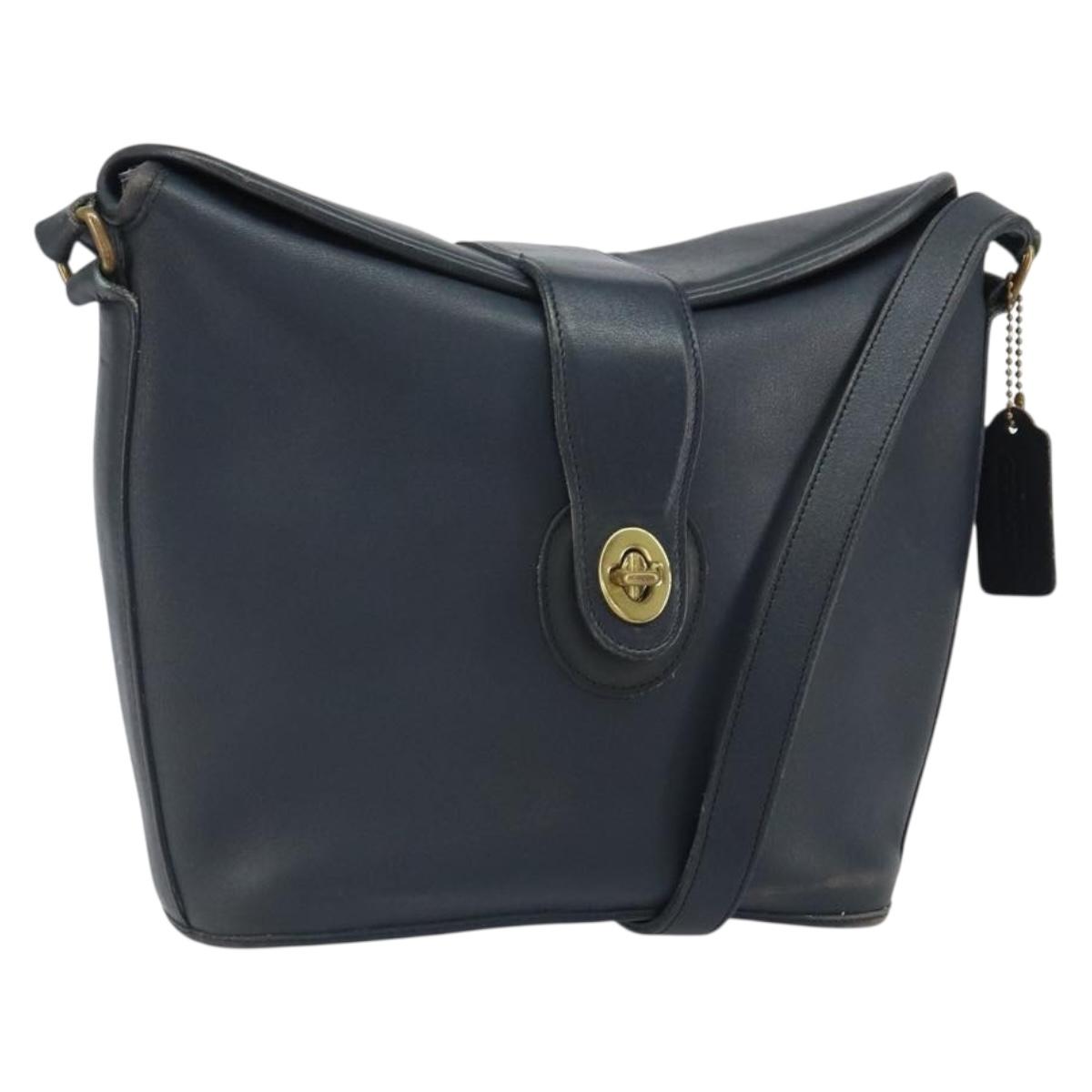 Coach Shoulder Bag Leather Navy Gold Auth am9562