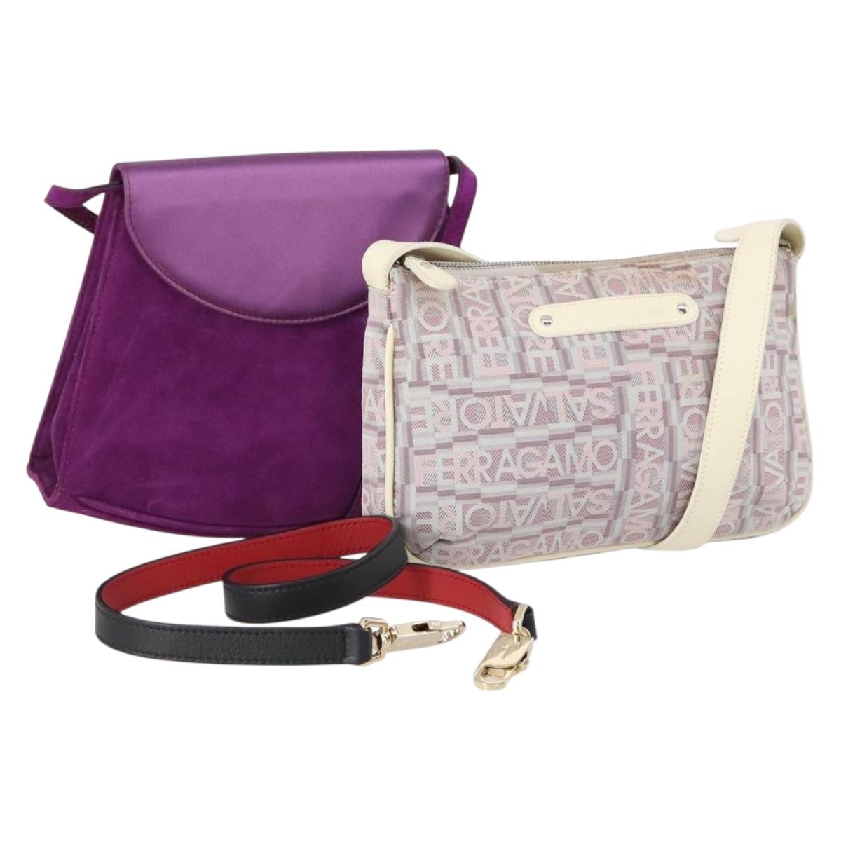 Salvatore Ferragamo Bag Leather Canvas Suede 3 Set Purple Black Auth am9578