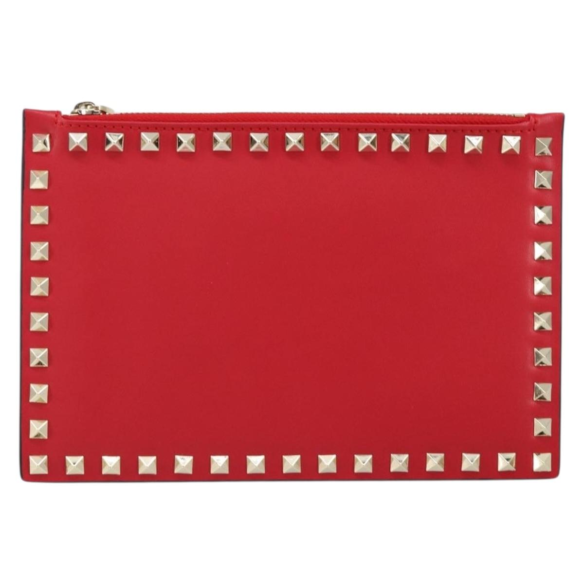 VALENTINO Studs Clutch Bag Leather Pink Gold Auth am9589