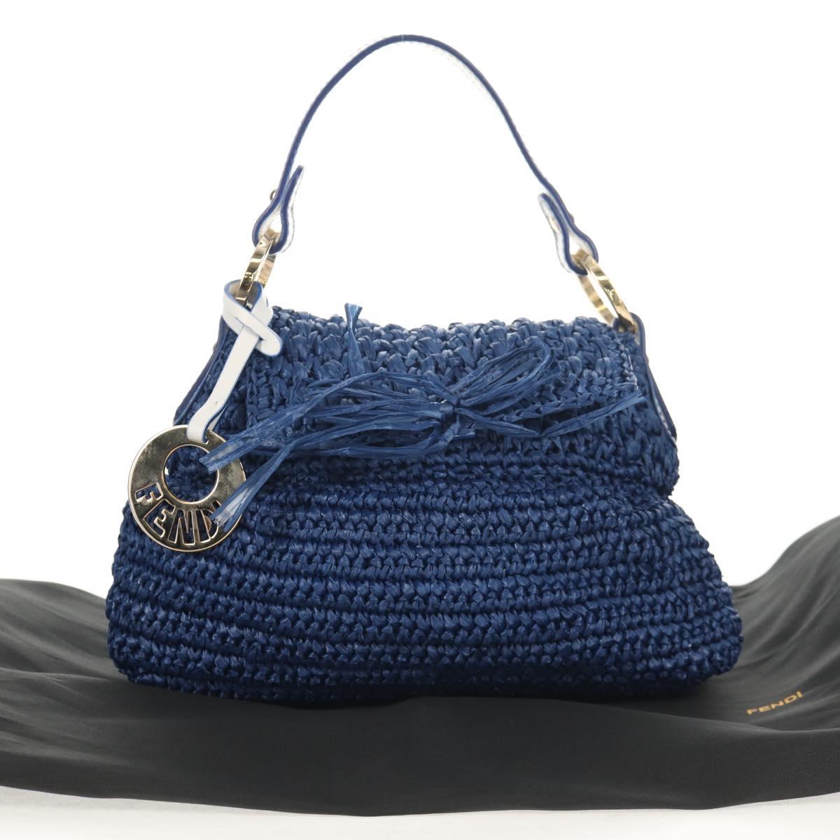 FENDI Hand Bag Straw Blue Gold Auth am9592V