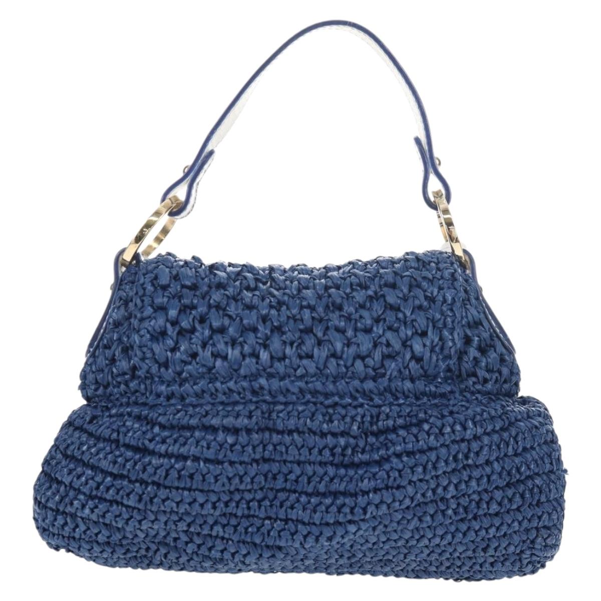 FENDI Hand Bag Straw Blue Gold Auth am9592V