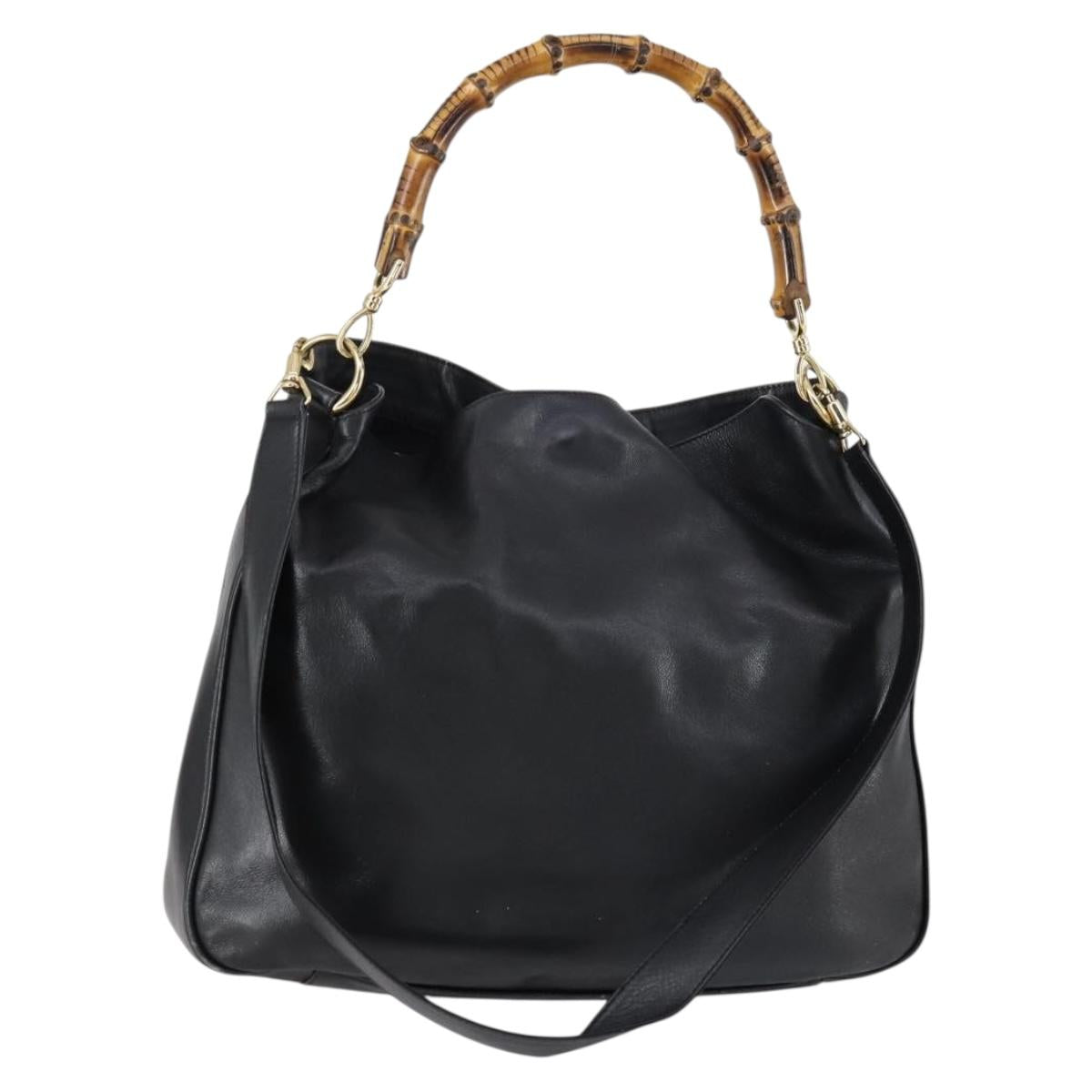 GUCCI Bamboo Shoulder Bag Leather 2way Black Gold 001 1998 1577 Auth am9605