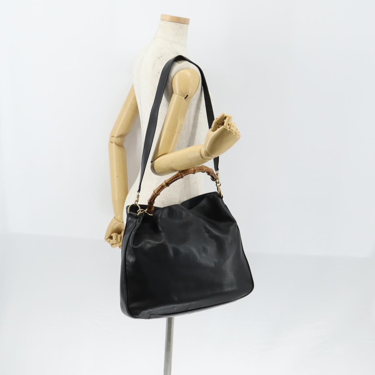 GUCCI Bamboo Shoulder Bag Leather 2way Black Gold 001 1998 1577 Auth am9605