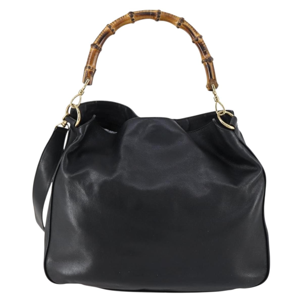GUCCI Bamboo Shoulder Bag Leather 2way Black Gold 001 1998 1577 Auth am9605
