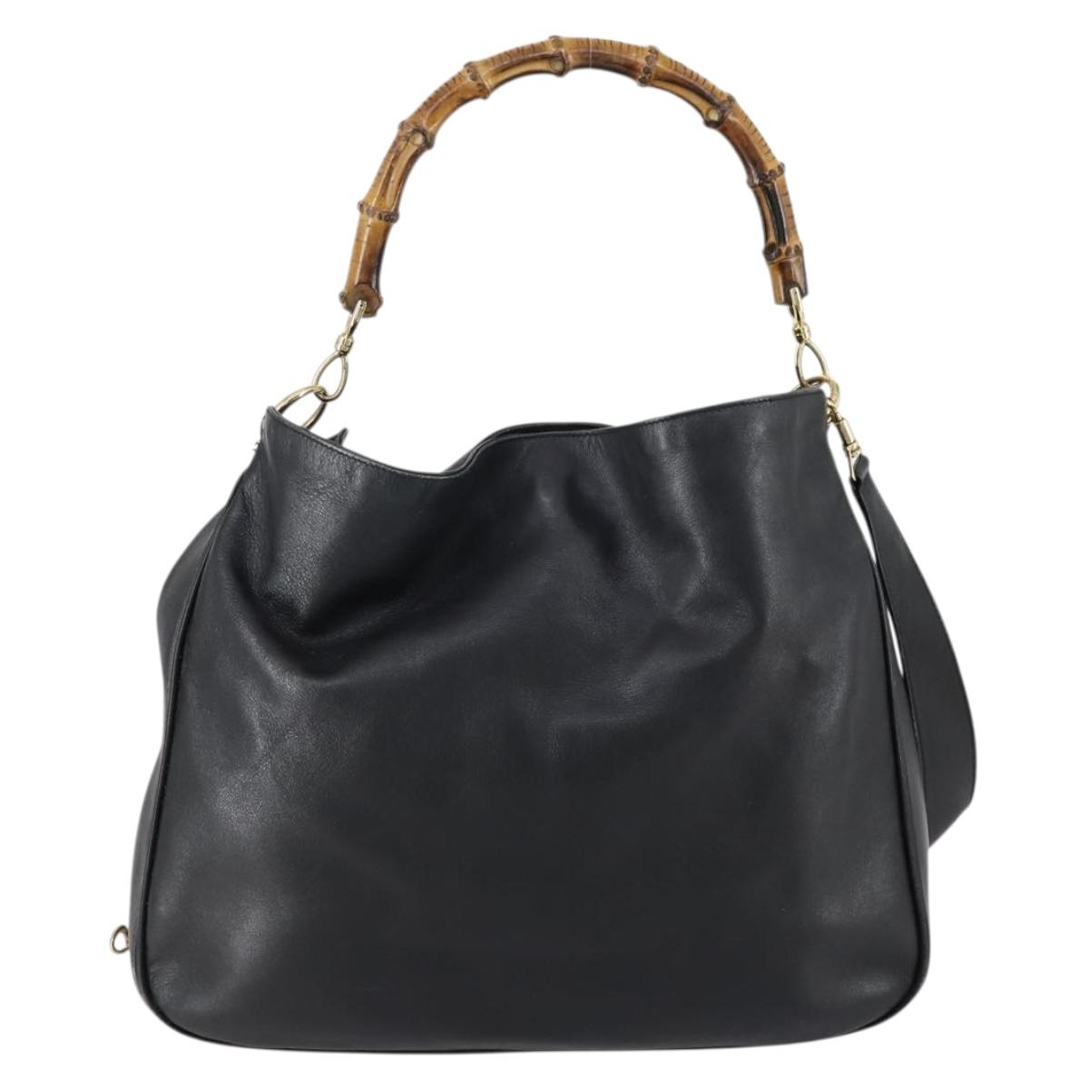 GUCCI Bamboo Shoulder Bag Leather 2way Black Gold 001 1998 1577 Auth am9605