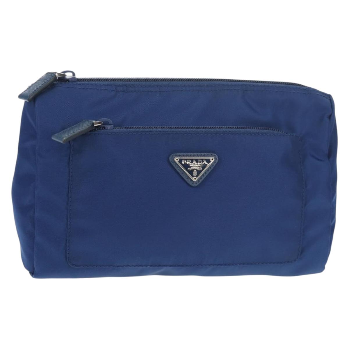 PRADA Pouch Nylon Blue Silver Auth am9642V