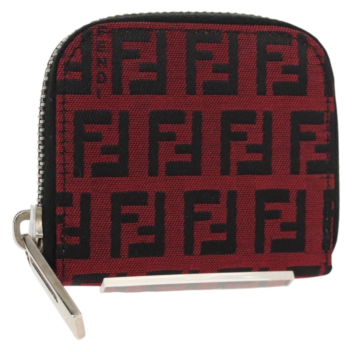 FENDI Zucchino Canvas Coin Purse Red Silver Auth am9652A