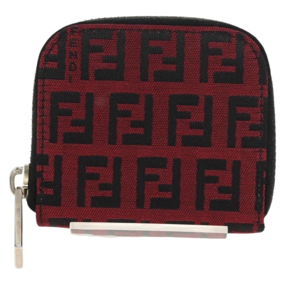 FENDI Zucchino Canvas Coin Purse Red Silver Auth am9652V