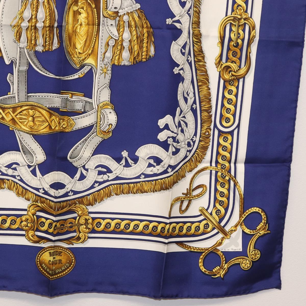 HERMES Carre 90 Scarf Silk ”BRIDE DE COUR” Blue Auth am9664