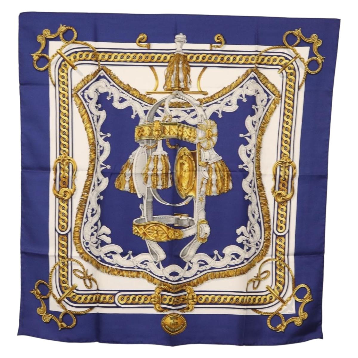 HERMES Carre 90 Scarf Silk ”BRIDE DE COUR” Blue Auth am9664
