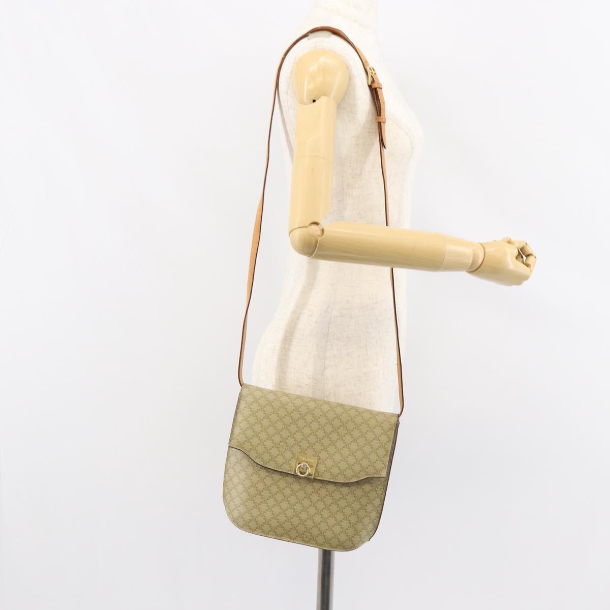 CELINE Macadam Canvas Shoulder Bag PVC Leather Beige Gold Auth am9666