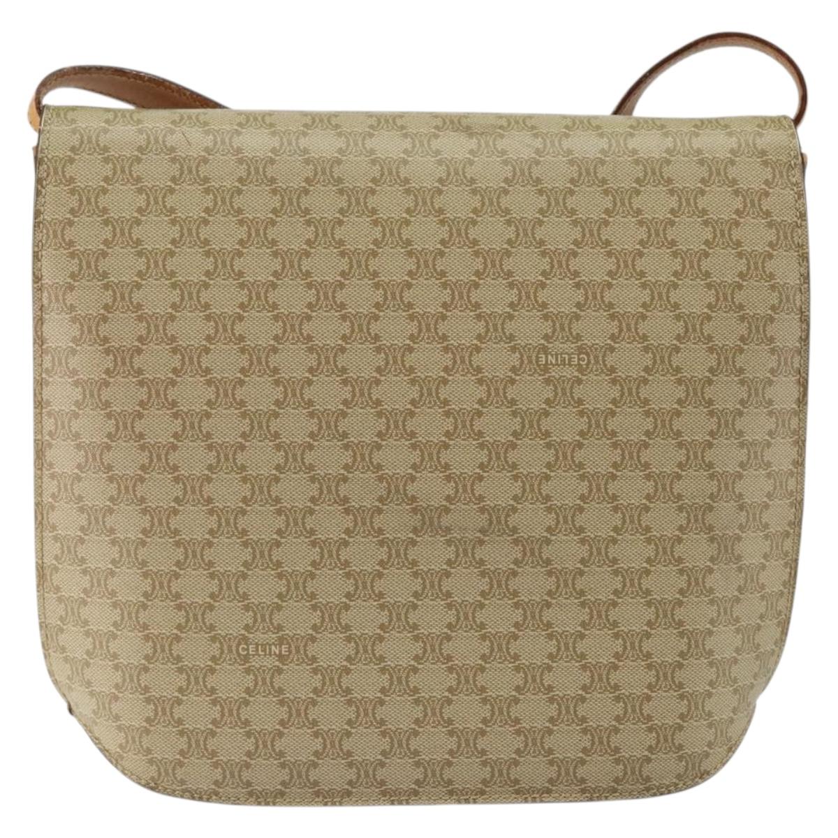 CELINE Macadam Canvas Shoulder Bag PVC Leather Beige Gold Auth am9666