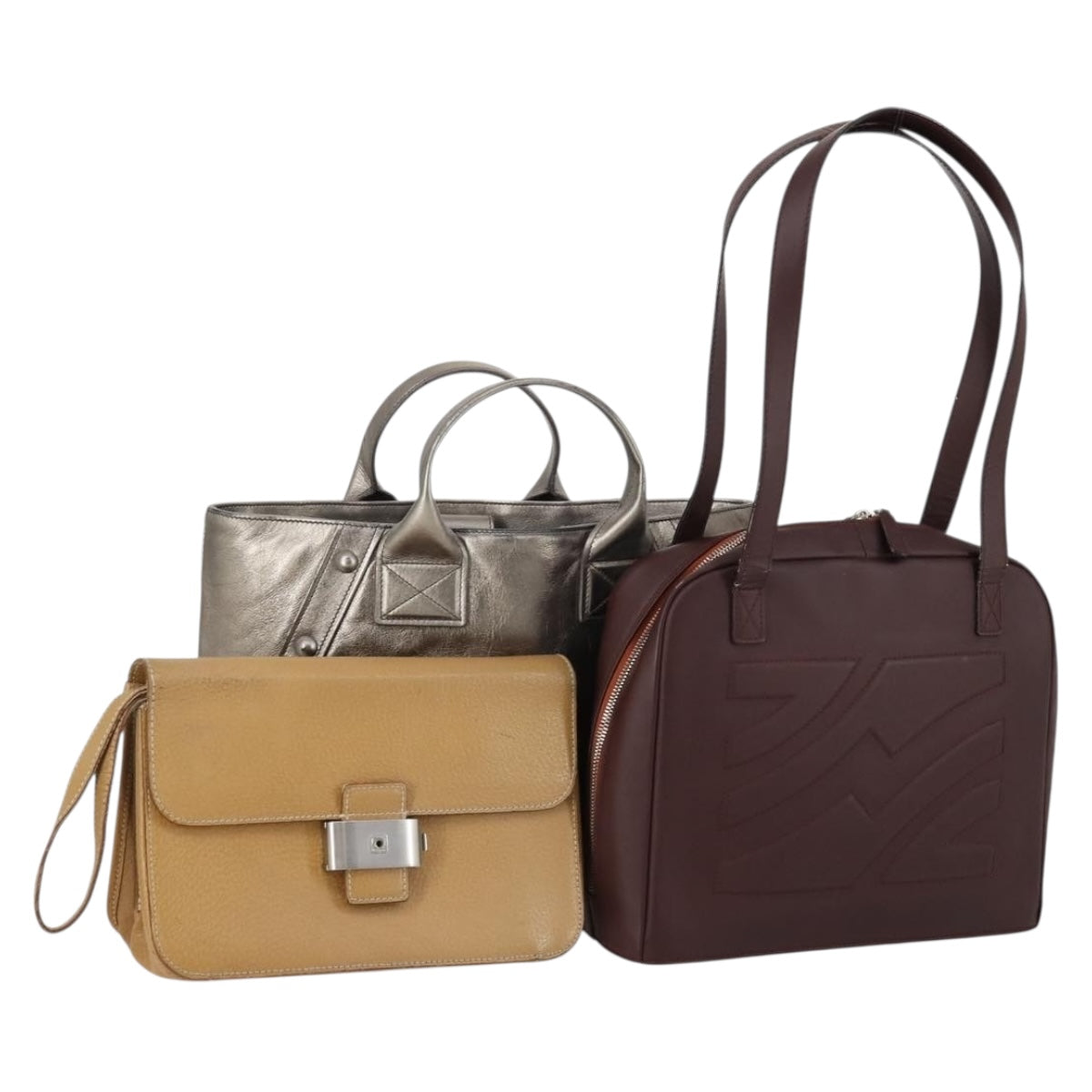 Salvatore Ferragamo Shoulder Bag Leather 3 Set Bordeaux Silver beige Auth am9685