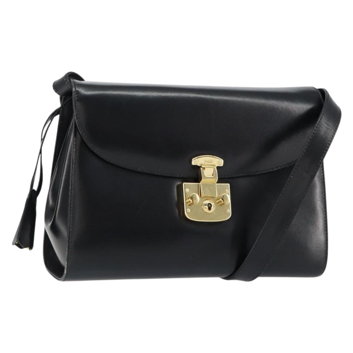 GUCCI Shoulder Bag Leather Black Gold Auth am9688