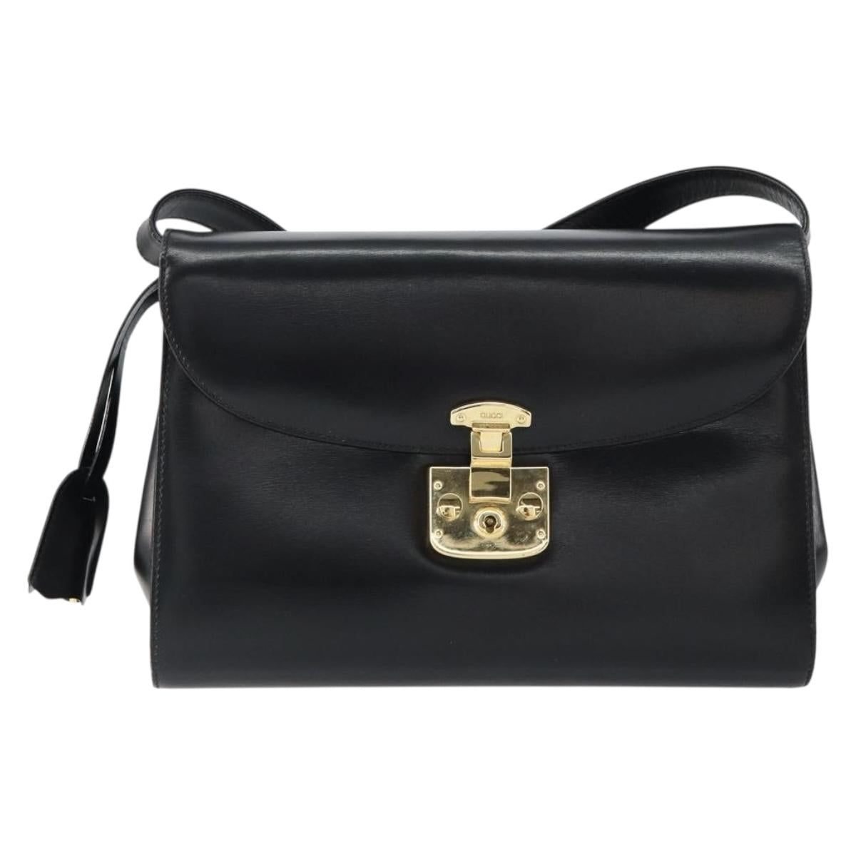 GUCCI Shoulder Bag Leather Black Gold Auth am9688