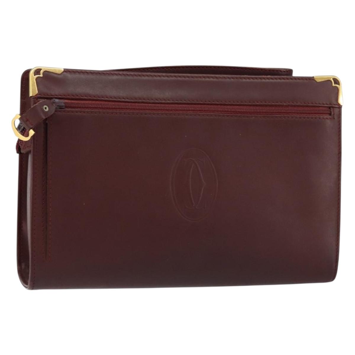 CARTIER Must Line Clutch Bag Leather Bordeaux Gold Auth am9700