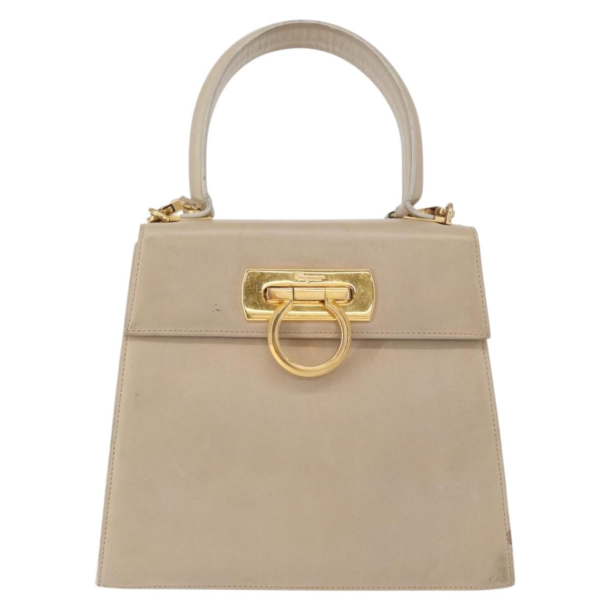 Salvatore Ferragamo Gancini Hand Bag Leather 2way Beige Silver Auth am9702