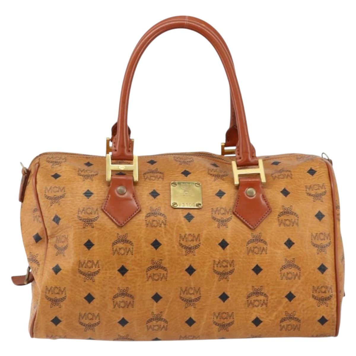 MCM Logogram Vicetos Boston Bag PVC Leather Brown Gold Auth am9704