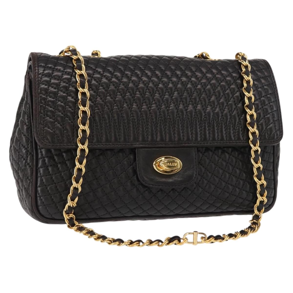 BALLY Chain Shoulder Bag Leather Black Gold Auth am9754