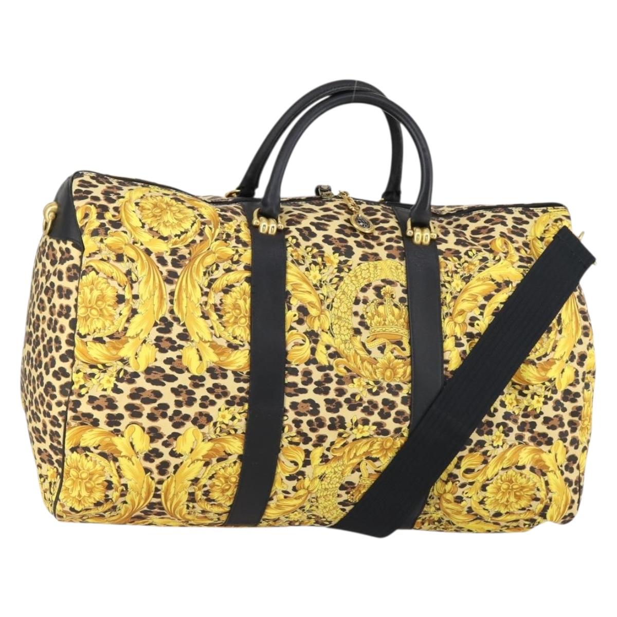 Gianni Versace Boston Bag Canvas PVC 2way Yellow Gold Auth am9766