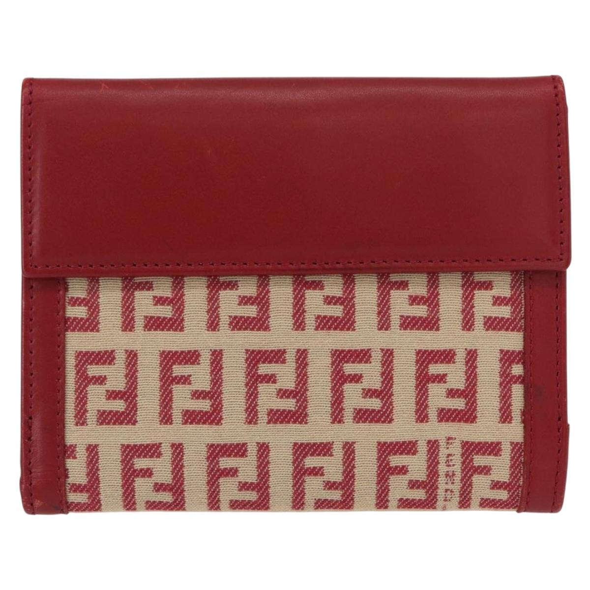 FENDI Zucchino Canvas Compact Wallet Red Gold Auth am9786