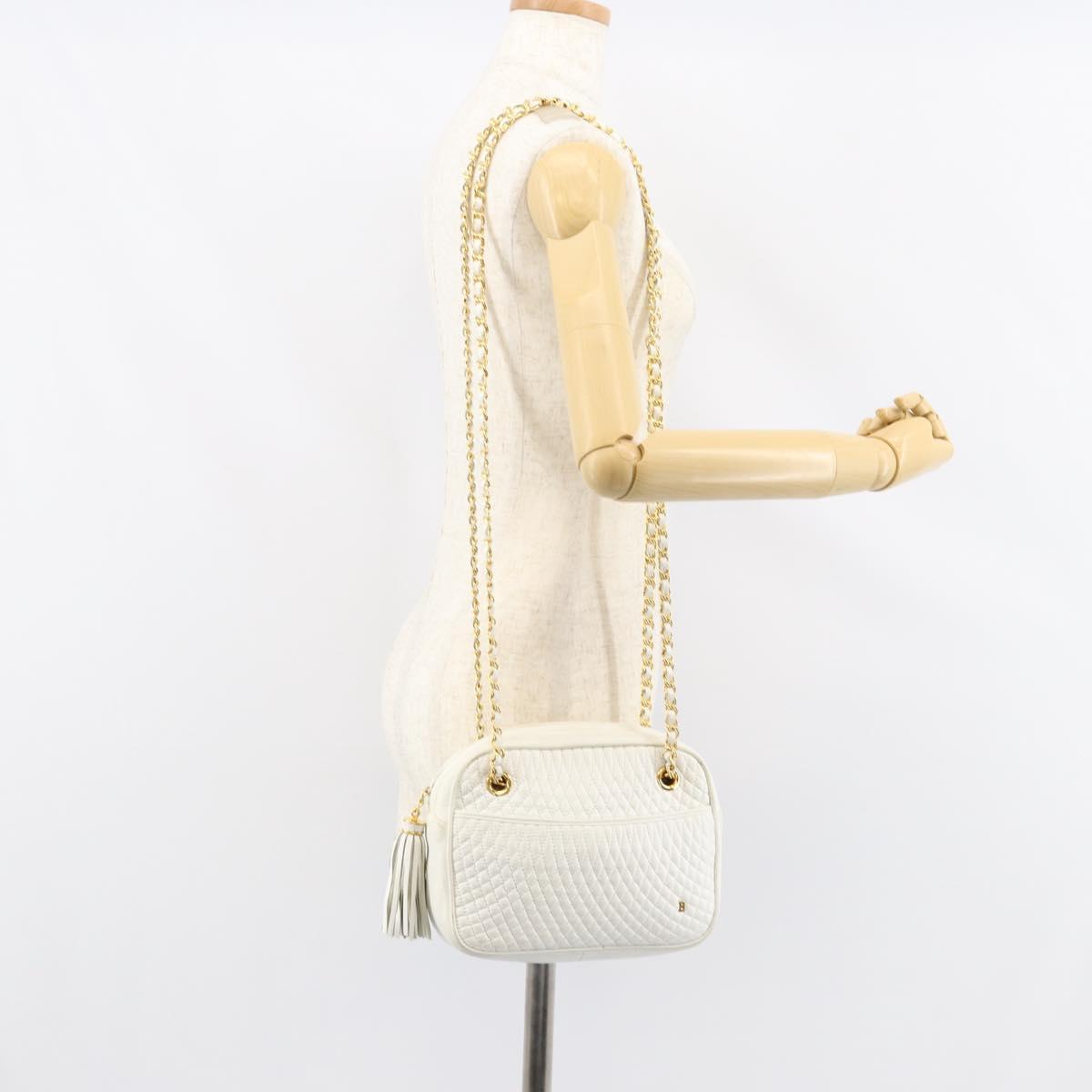 BALLY Chain Shoulder Bag Leather White Gold Auth am9802