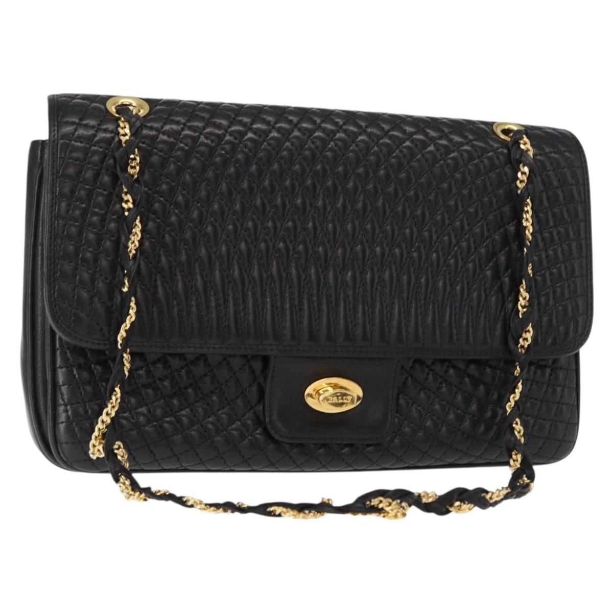 BALLY Chain Shoulder Bag Leather Black Gold Auth am9804