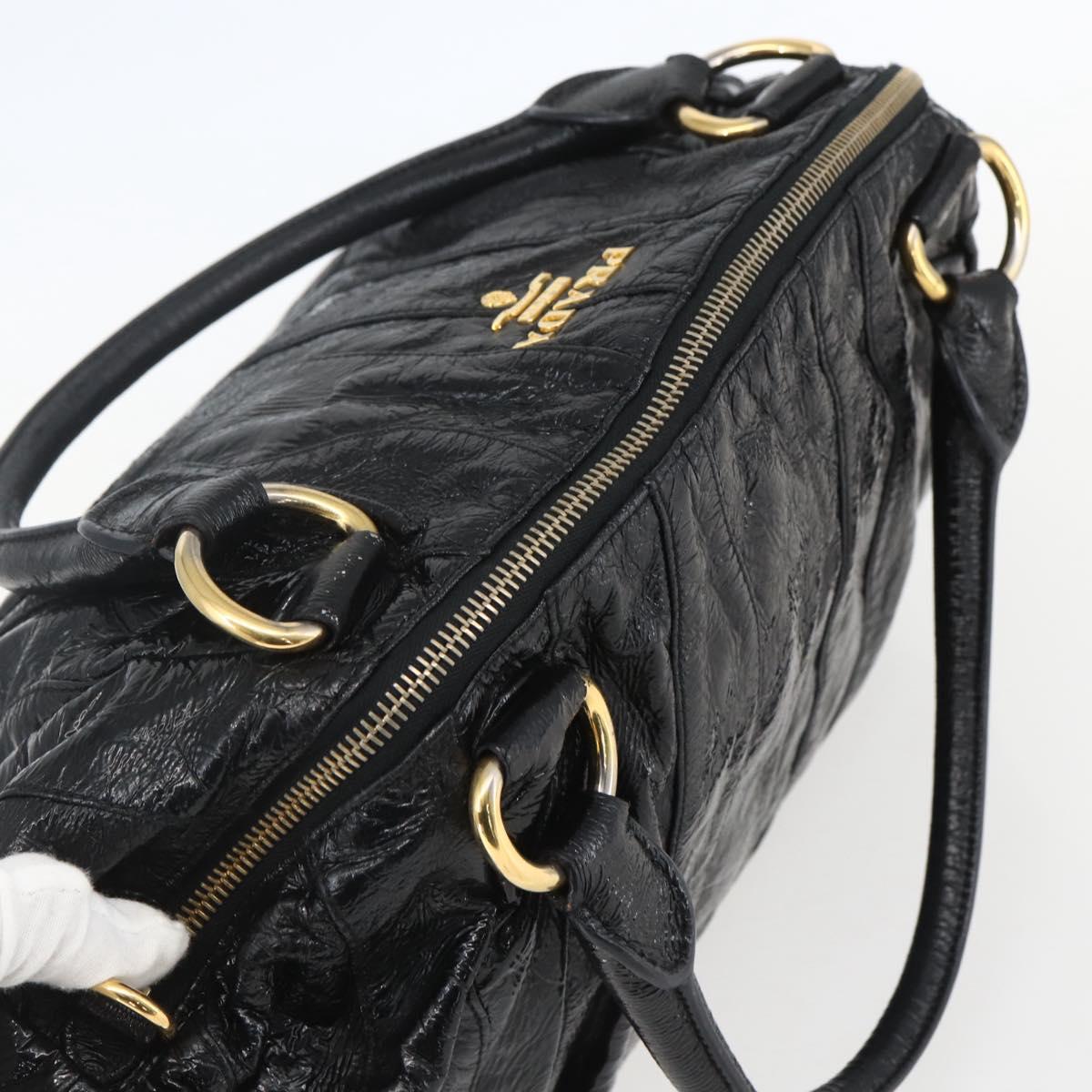 PRADA Hand Bag Enamel Black Gold Auth am9823
