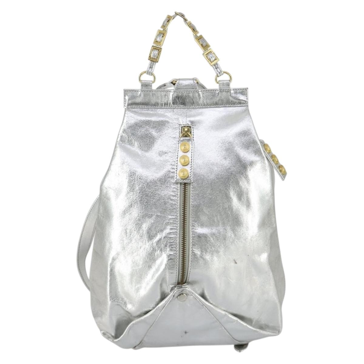 Gianni Versace Backpack Leather Silver Gold Auth am9831