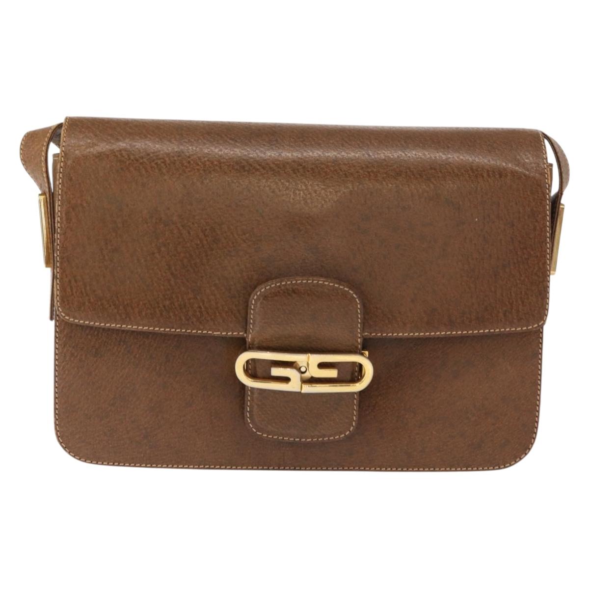 GUCCI Shoulder Bag Leather Brown Gold Auth am9842