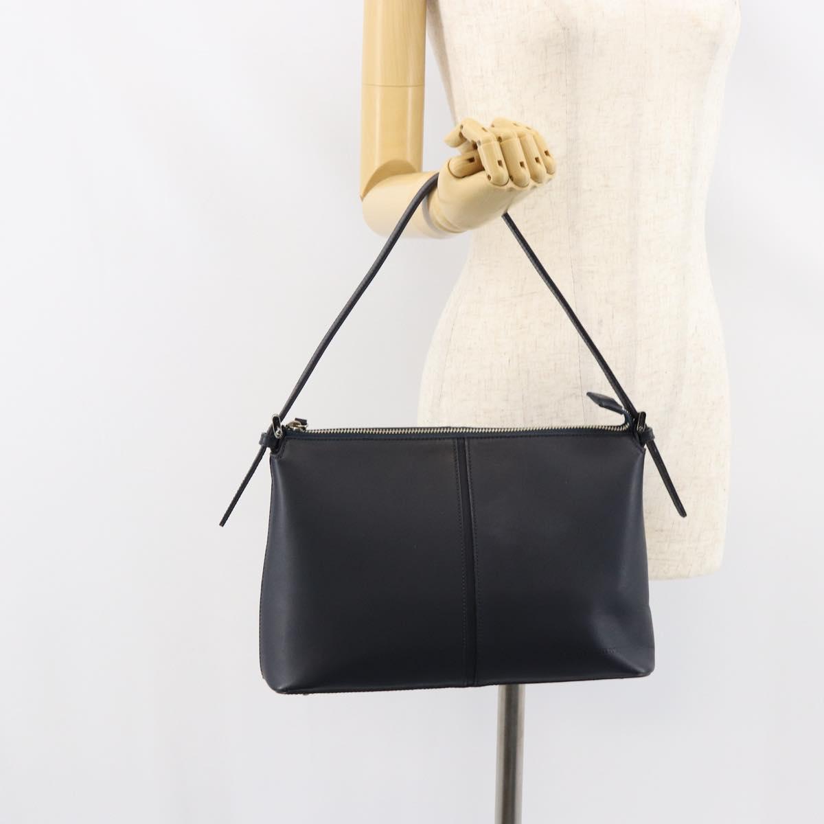 BURBERRY One Shoulder Bag Leather Navy Silver Auth am9843