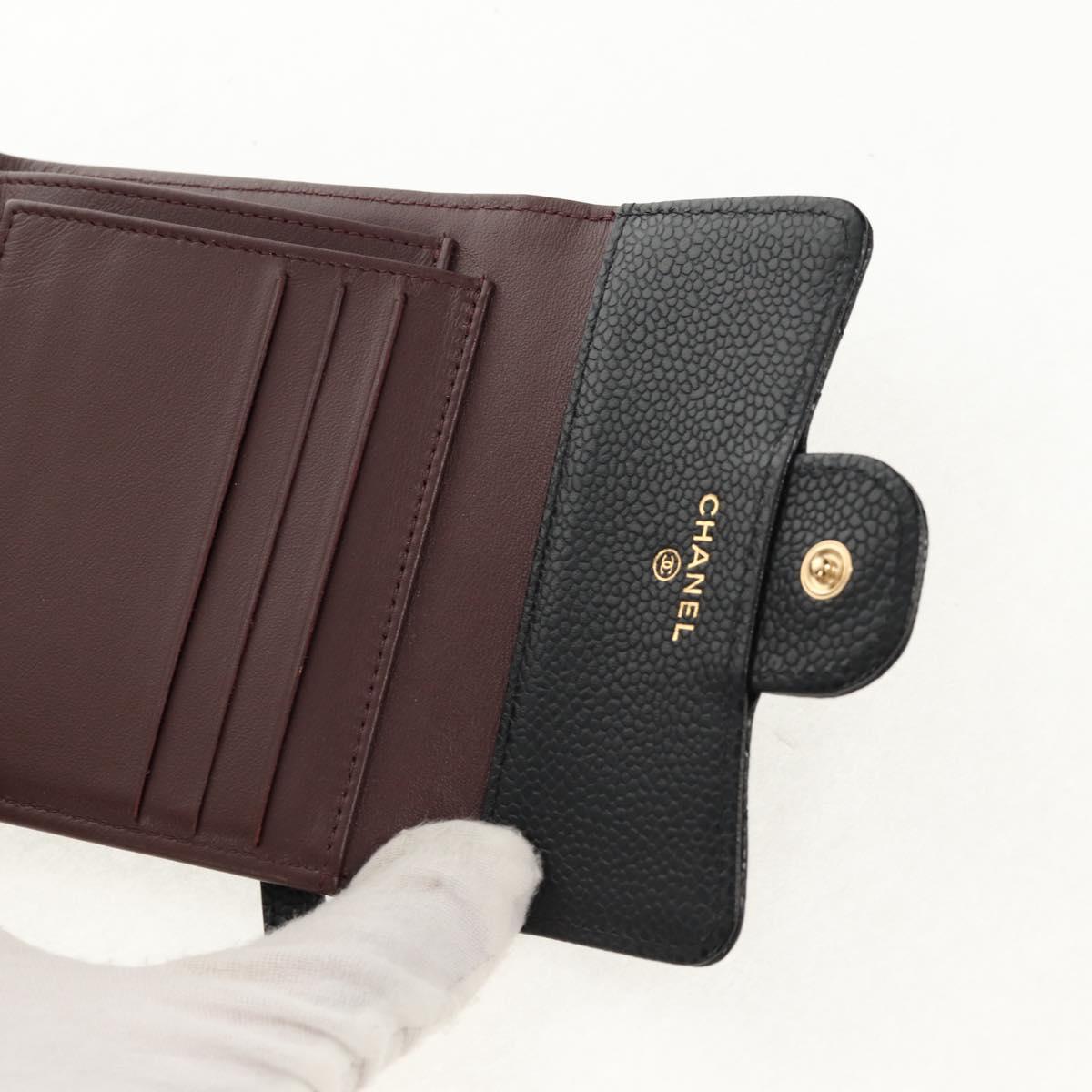 CHANEL Matelasse Compact Wallet Caviar Skin Black CC Auth am9849V