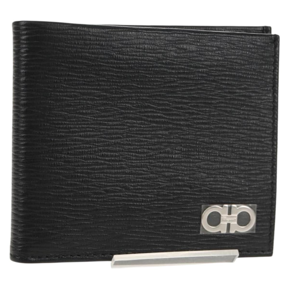 Salvatore Ferragamo Gancini Compact Wallet Leather Black Silver Auth am9850V
