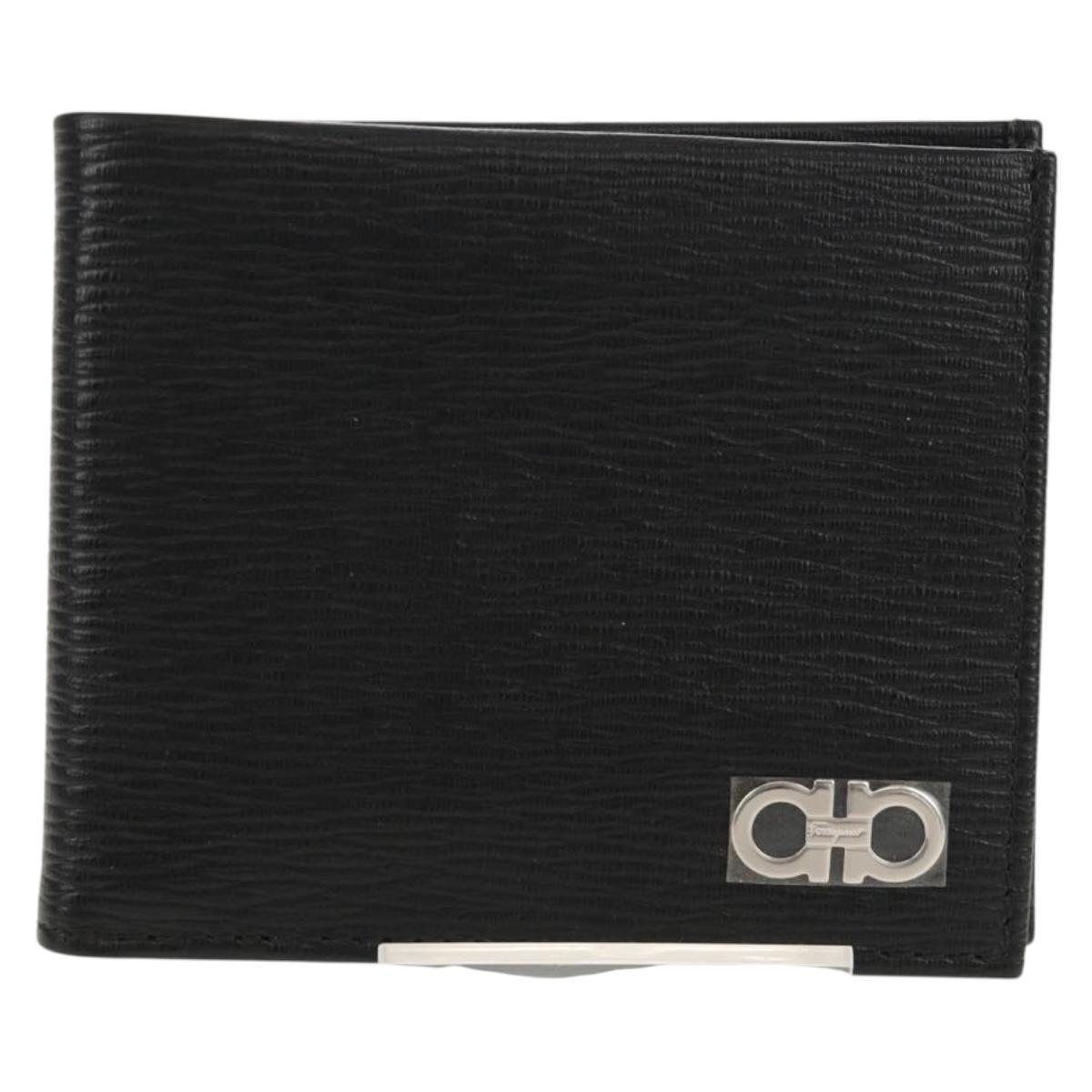 Salvatore Ferragamo Gancini Compact Wallet Leather Black Silver Auth am9850V
